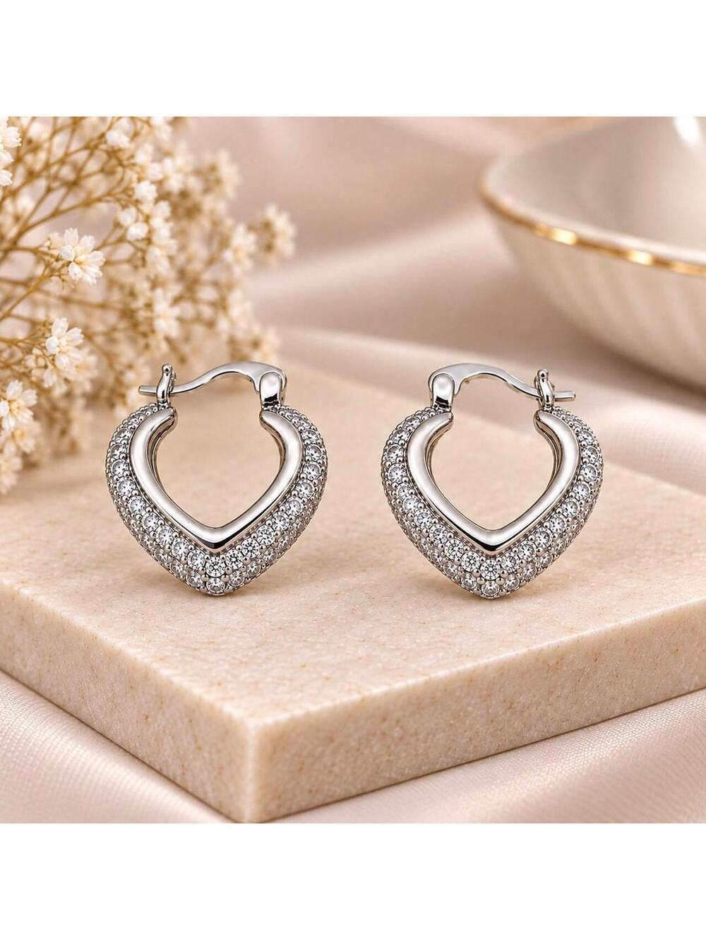 Silver Heart Pavé Hoop Earrings | Dainty Coquette Jewelry.